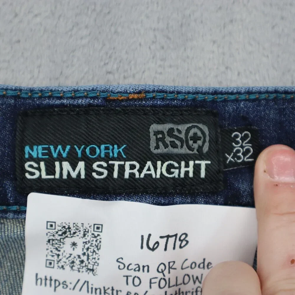 RS Pants Mens 32 Blue New York Slim Straight Mid Rise Zip Dark Wash Denim Jeans
